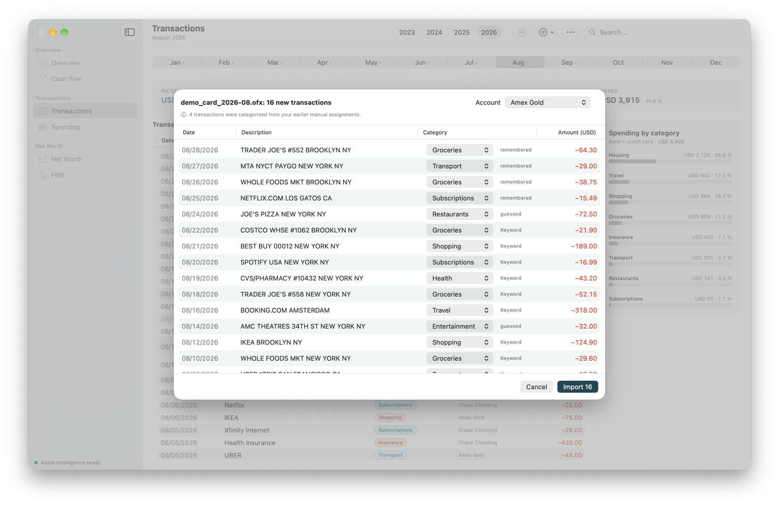 The import preview: detected transactions with their category, where the suggestion came from, and the chosen target account.