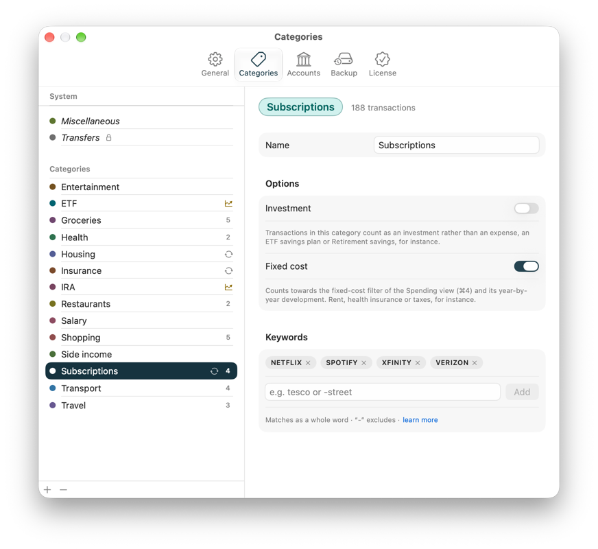 The category manager with keywords, colours and the fixed-cost marker.
