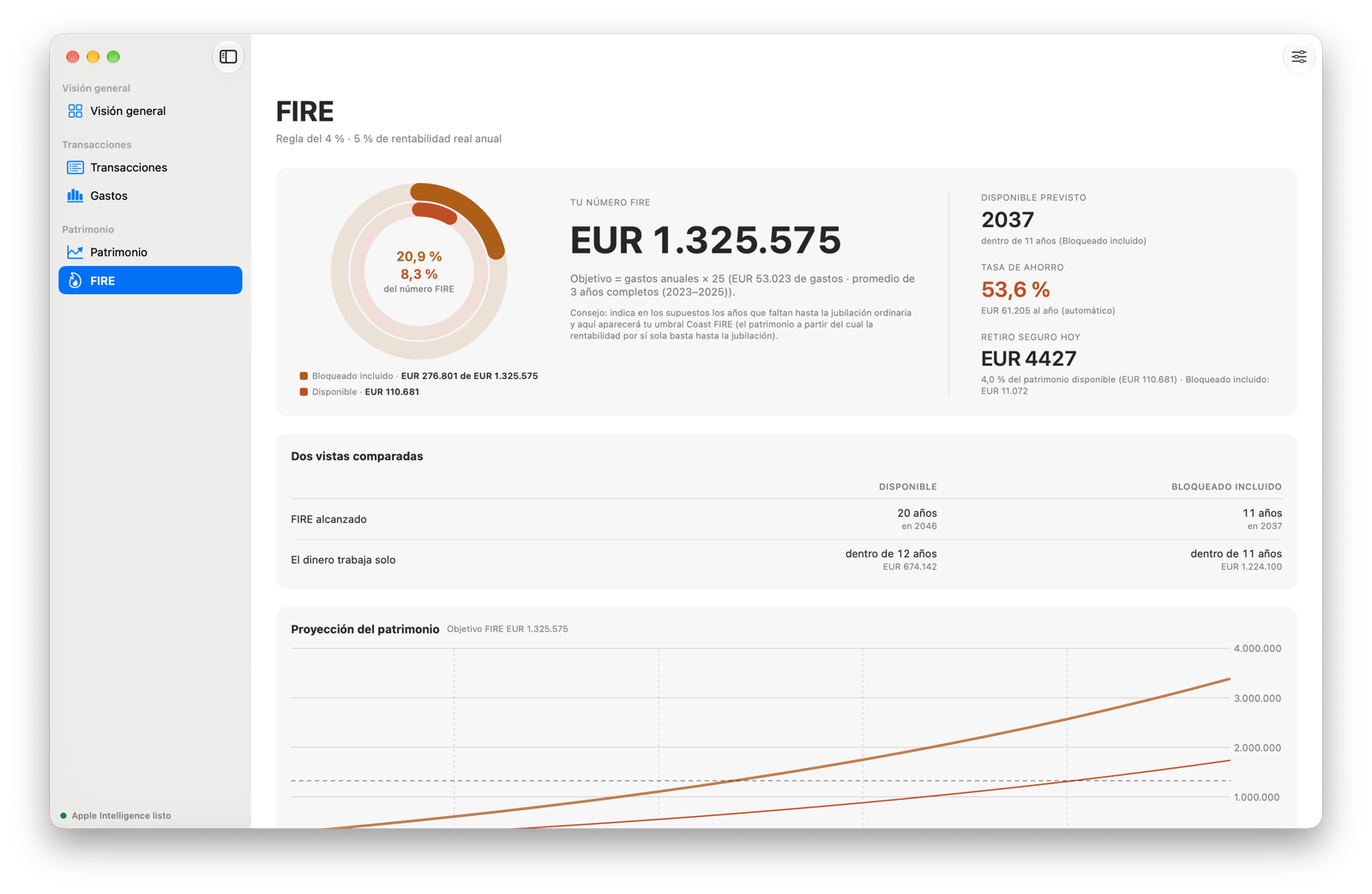 La calculadora FIRE con número FIRE, progreso y proyección.
