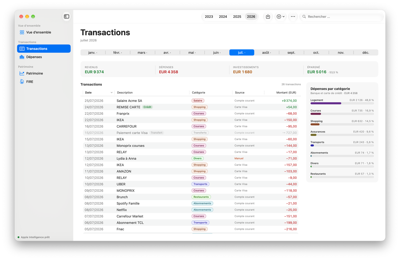 La liste des transactions d’un mois : chaque ligne avec sa catégorie, son compte et son montant.