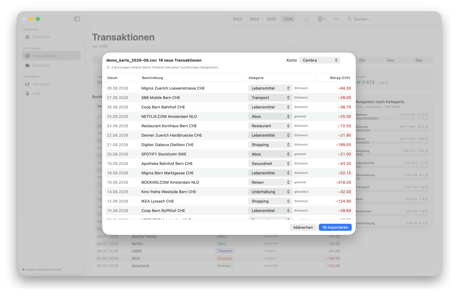 The import preview: detected transactions with their category, where the suggestion came from, and the chosen target account.