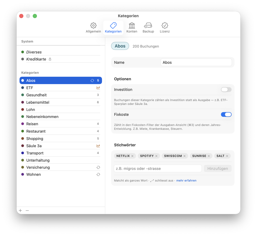 The category manager with keywords, colours and the fixed-cost marker.