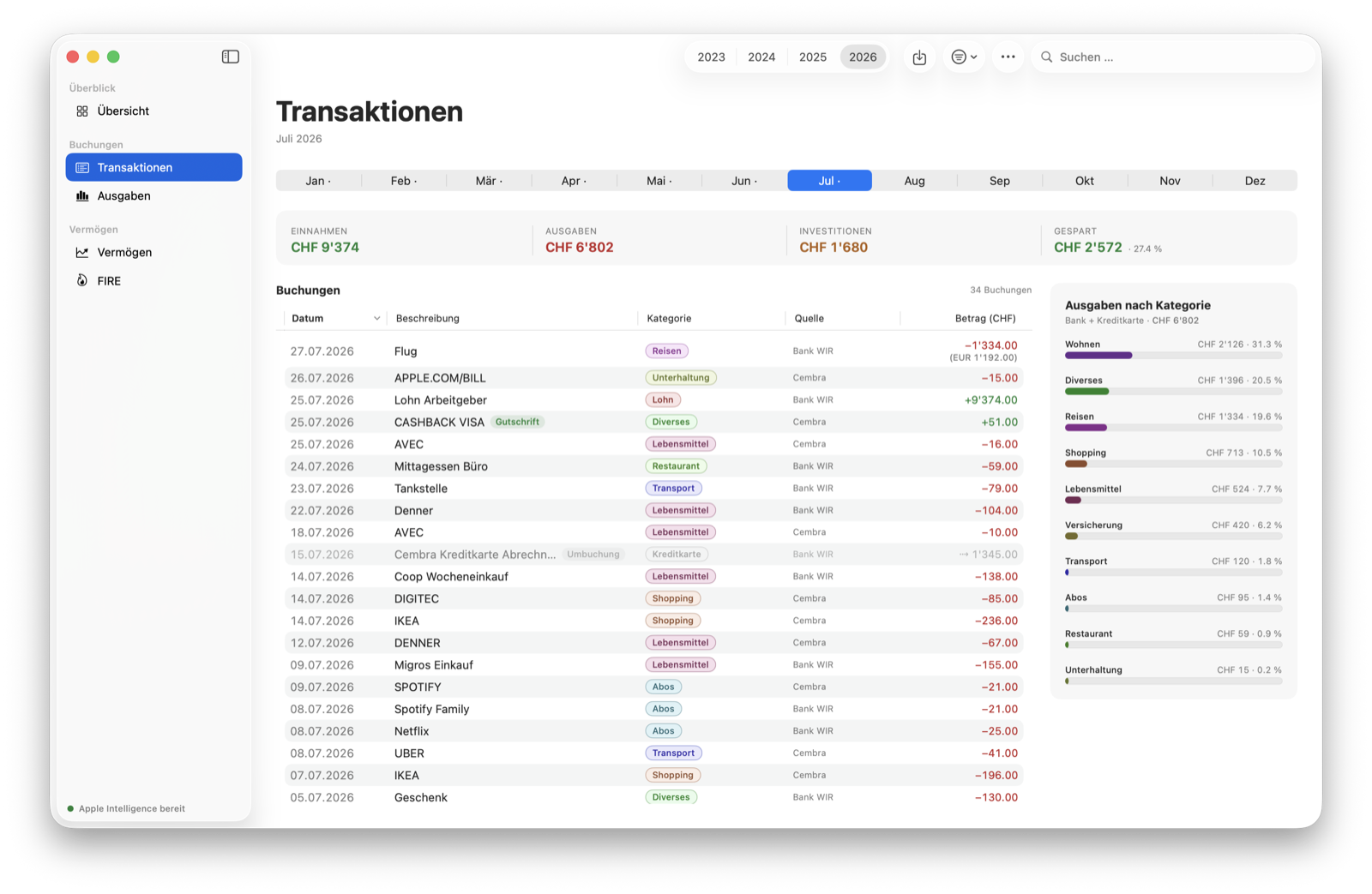 The transaction list for one month: every row with its category, account and amount.